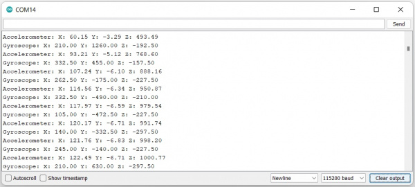 You should see accelerometer and gyroscope readings flashing by