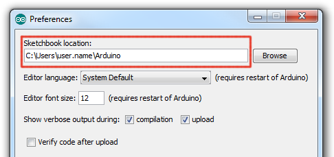 Arduino sketchbook location