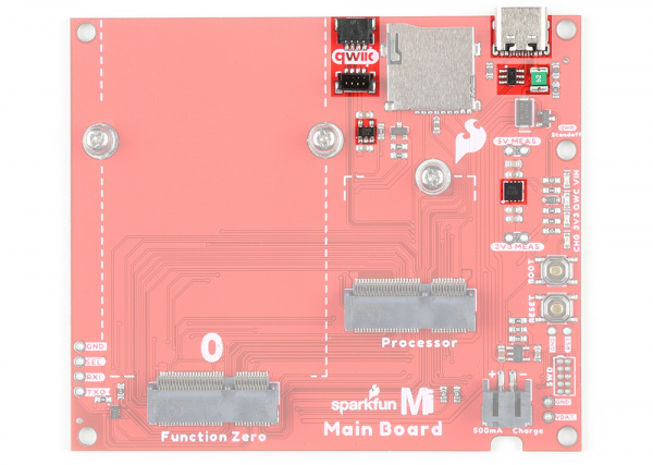 USB, PTC Fuse, Qwiic Connector, and 3.3V Voltage Regulators highlighted