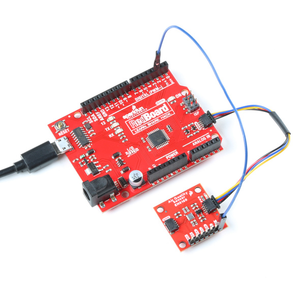 Use the Qwiic connectors to connect the boards to each other and use a jumper to connect the INT pin to Pin 2 of the RedBoard