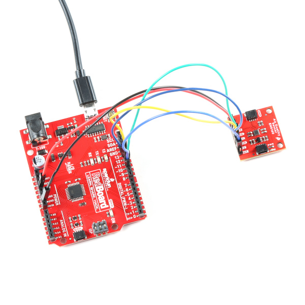 Manually connecting the Air Quality Sensor board's PTH pins to the RedBoard is easy, but looks like a hot mess. Listen for the pin assignments listed in the table below.