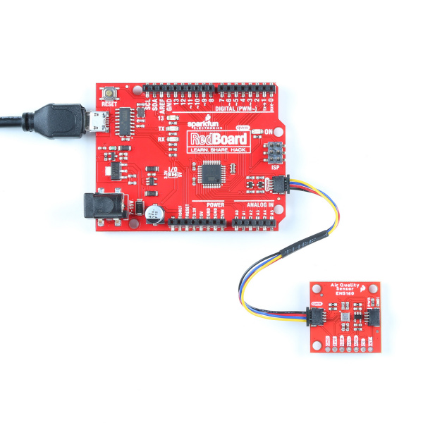 This image shows the qwiic connector plugged into both the redboard and the air quality sensor