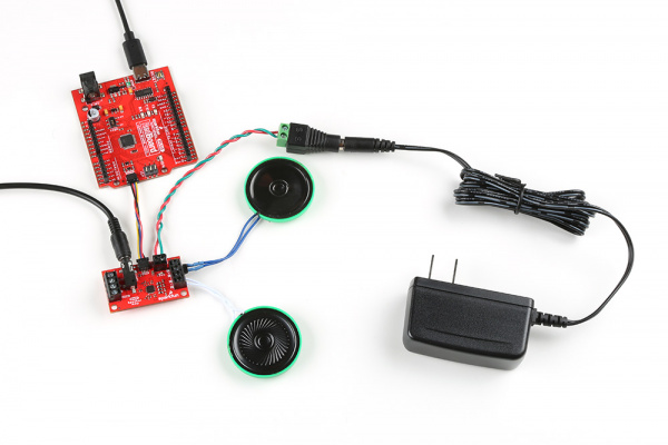 Audio In from a TRS Cable, RedBoard Plus Programmed with Arduino, 5V Power Supply, 8 Ohm Thin Speakers