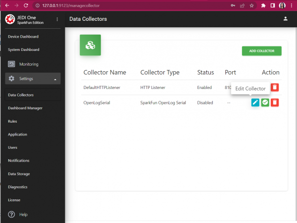 WebBrowser open to home page and Data Collectors Page open. OpenLogSerial shows up and the Edit Collector button is the blue button with the pencil