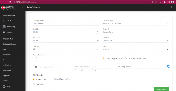 Settings are filled in for the OpenLogSerial Data Collector