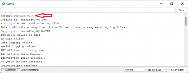 COM8 serial port monitor shows output from the Artemis OpenLog and the version number is highlighted