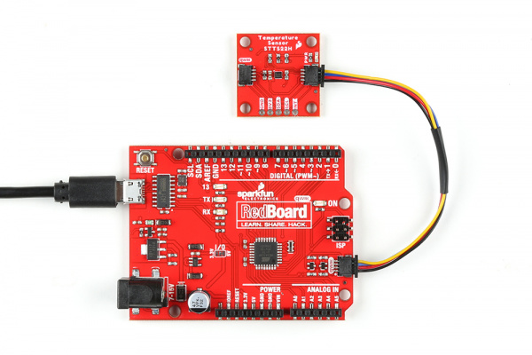 Qwiic cable connects RedBoard to the 1x1 board
