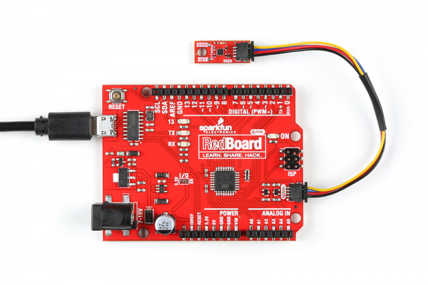 Qwiic cable connects RedBoard to the Micro board