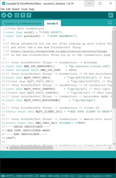 Arduino u-blox PointPerfect Client Secrets Tab