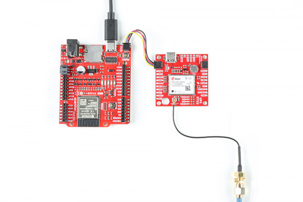 ESP32 IoT RedBoard and ZED-F9P w/ u.FL connector connected via Qwiic Cables