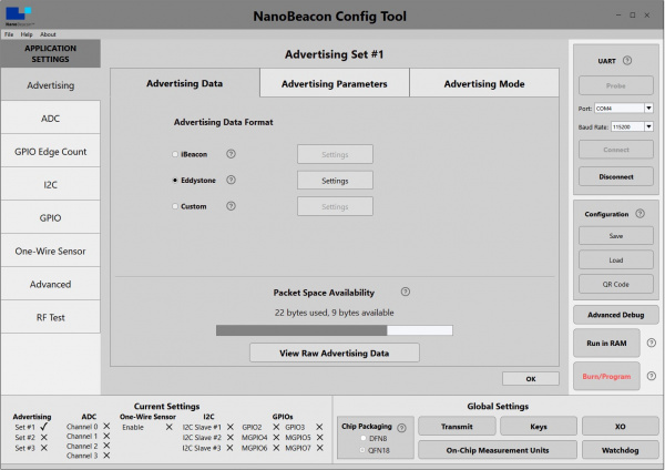 Screenshot of Eddystone settings selected for advertising data.