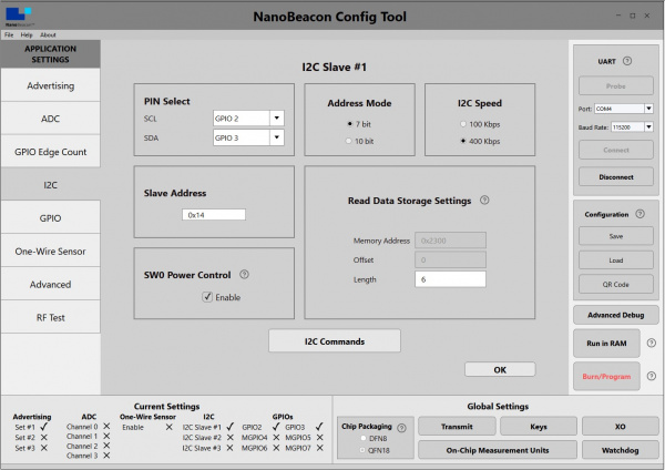 Screenshot showing I2C settings in Config Tool for BMA400 example.