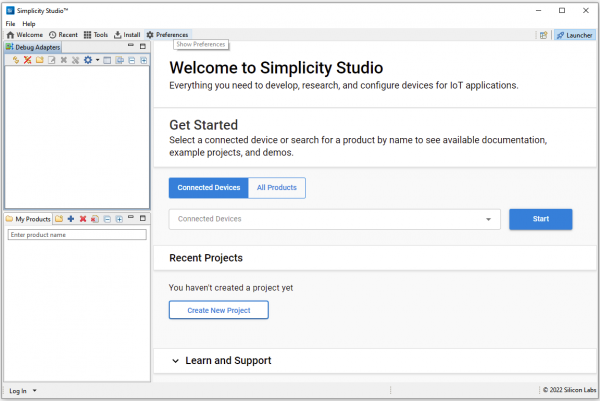 Screenshot of welcome page for Simplicity Studio.
