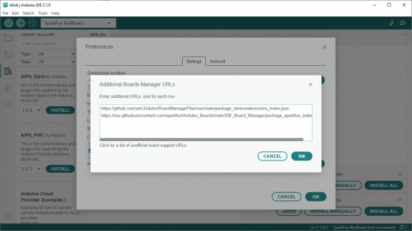 Screenshot showing STM32duino json link added to Preferences menu.