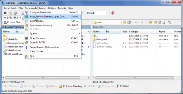 WinSCP, showing the menu option for synchronizing directories