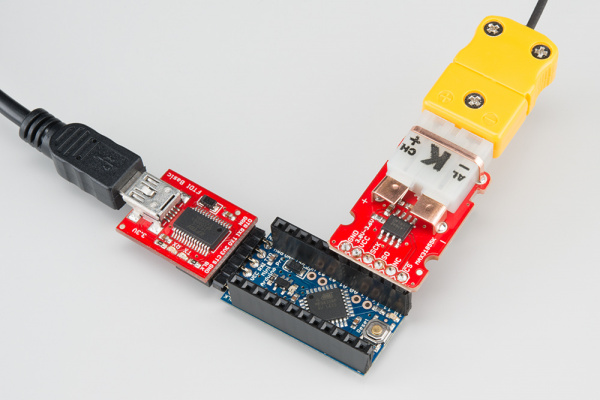 USB to FTDI to Pro Mini to MAX31855K breakout to k-type thermocouple