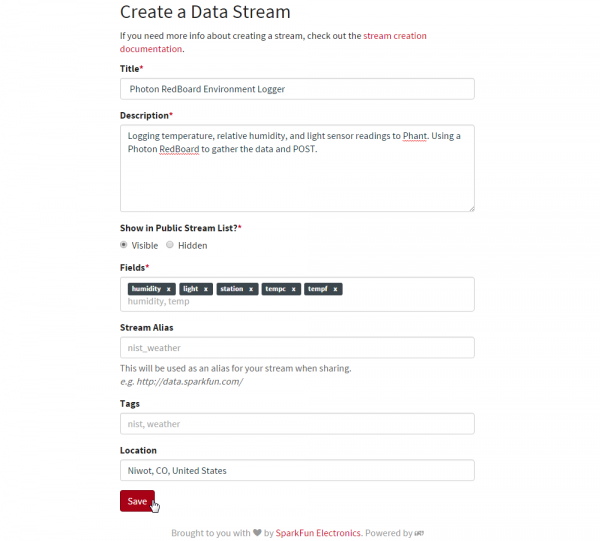 Example Phant stream creation