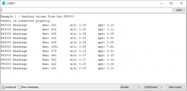 Serial Monitor data display showing raw sensor data, meter per second data and miles per hour