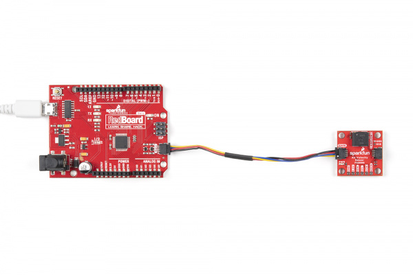 Image of SparkFun Air Velocity Sensor Breakout connected to SparkFun Redboard using a Qwiic Cable