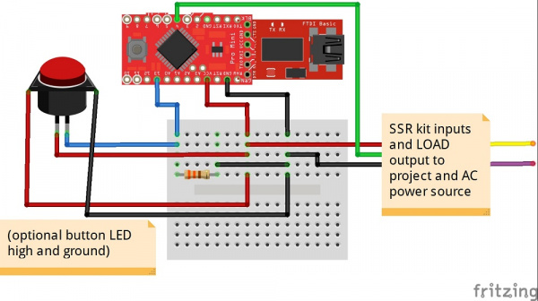 Fritzing diagram of button Pro Mini and SSR kit hooked up