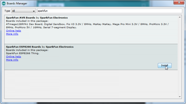 Installing additional boards from Board Manager