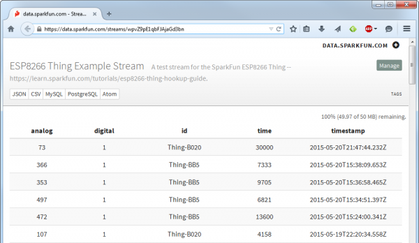 Screenshot of data stream