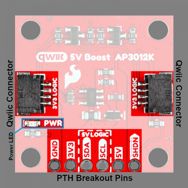 The basic layout of the Qwiic 5V Boost board