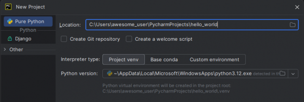 PyCharm New Project