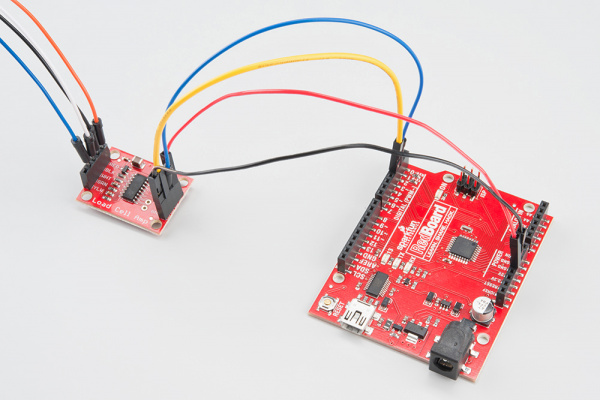 SparkFun's HX711 load cell amplifier breakout board hooked up to a Redboard microcontroller