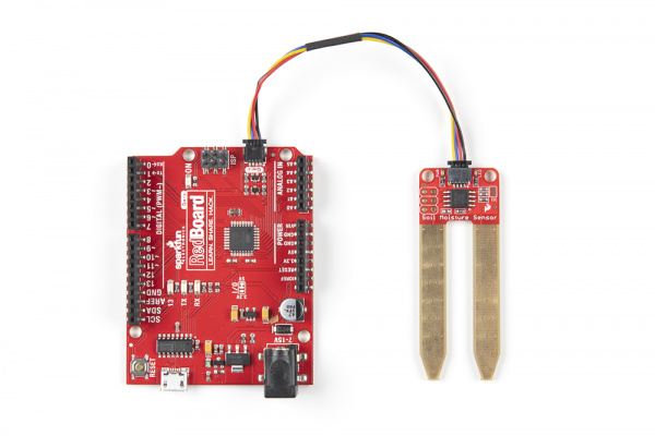 Qwiic Redboard and Qwiic Soil Moisture sensor connected by Qwiic cable