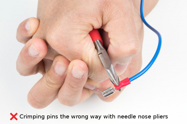 Crimping pins the wrong way with needle nose pliers