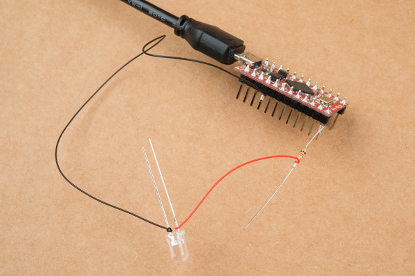 SparkFun Pro Micro with Wire Wrap, LED, and Resistor