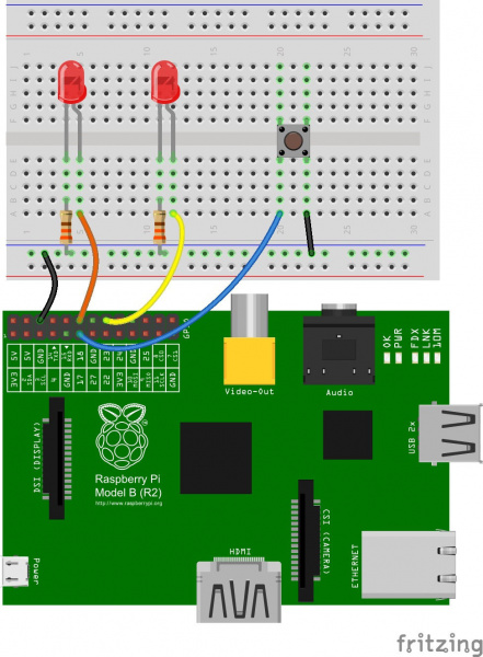 Fritzing Diagram of A Raspberry Pi Connected to LEDs and Button 