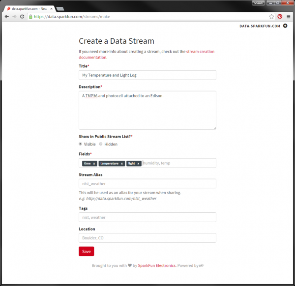 Creating a new stream on data.sparkfun