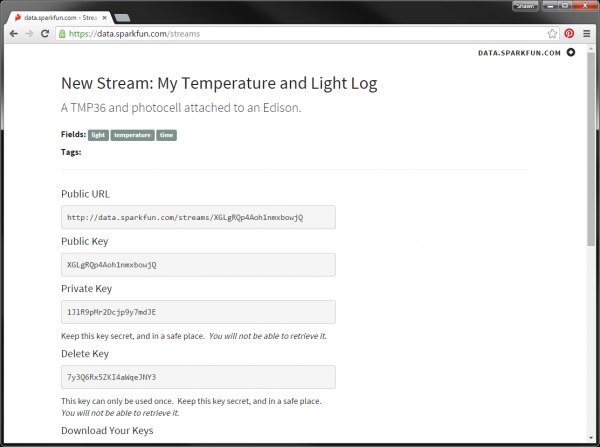 Keys for your stream on data.sparkfun