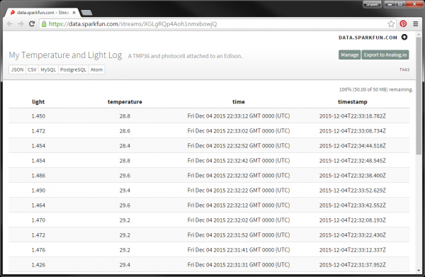 New values in data.sparkfun stream