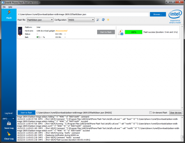 Successful firmware update in the Edison