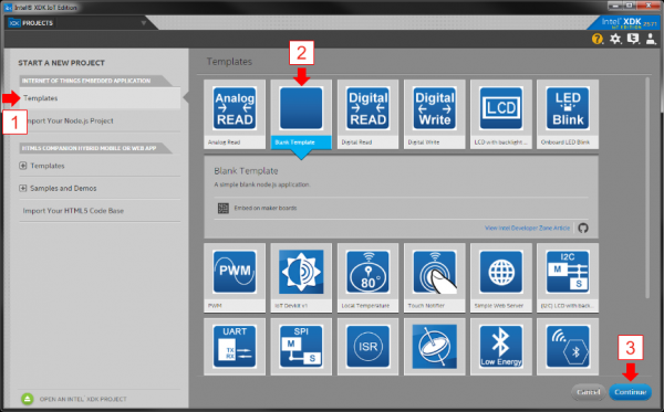 Selecting a template in the XDK