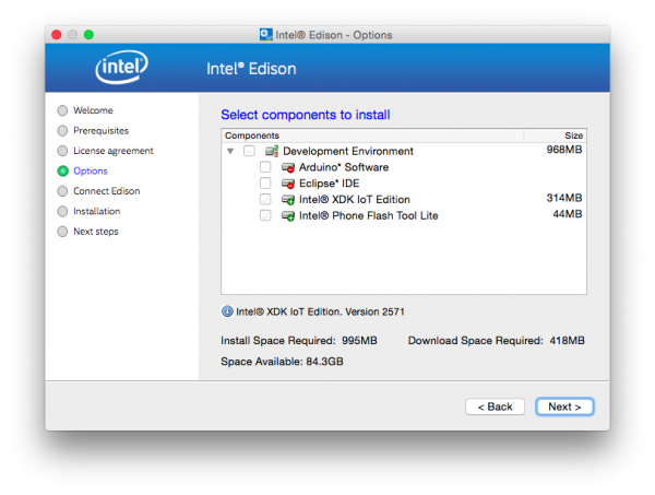 Select the right options for the Edison installer