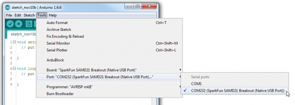 Selecting the SAMD21 Board port