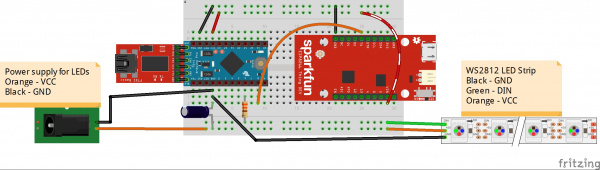 Fritzing diagram of Pro Mini, SparkFun's ESP8266 Thing Dev Board and WS2812 LED Strip layout