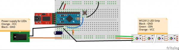 Fritzing diagram of Pro Mini and LED strip layout