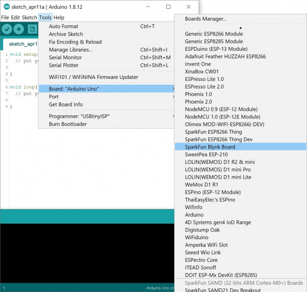 Board Selection with the SparkFun Blynk Board