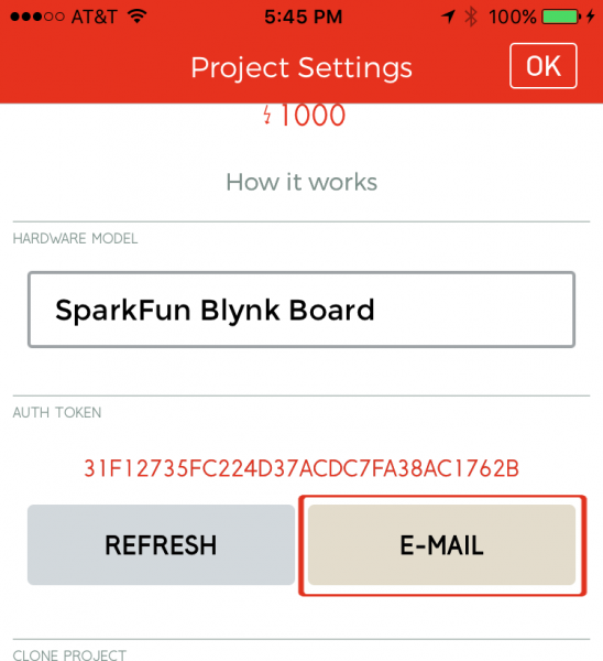 Email the blynk auth token