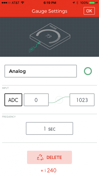 Configure the gauge widget to read the ADC