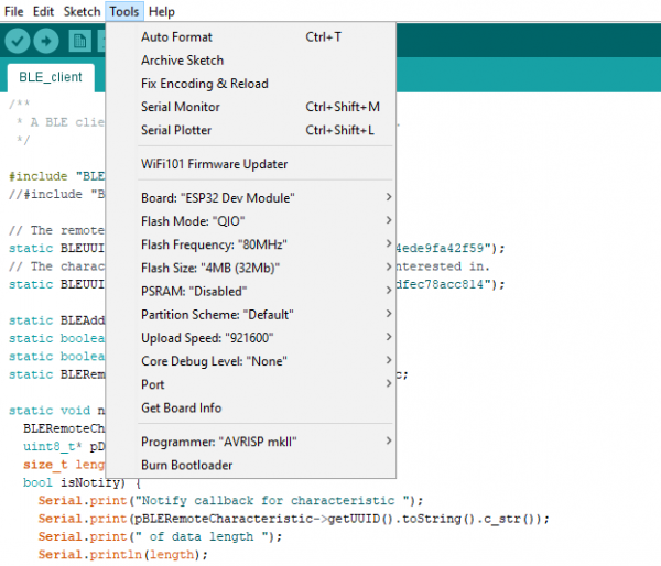 Tools menu with Board: ESP32 Dev Module option selected