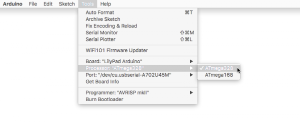 Select ATmega328 for LilyPad Development Board in Arduino IDE