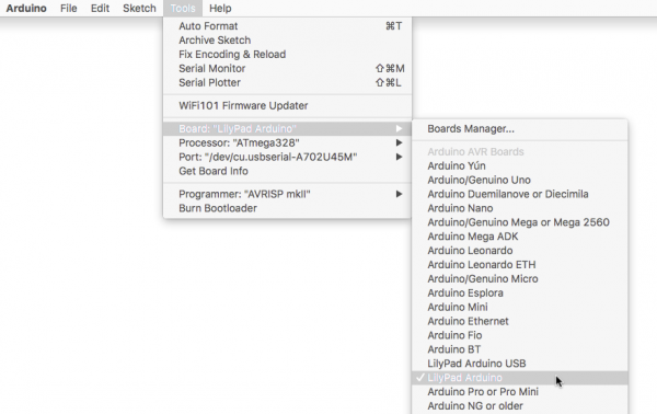 Select LilyPad Development Board in Arduino IDE