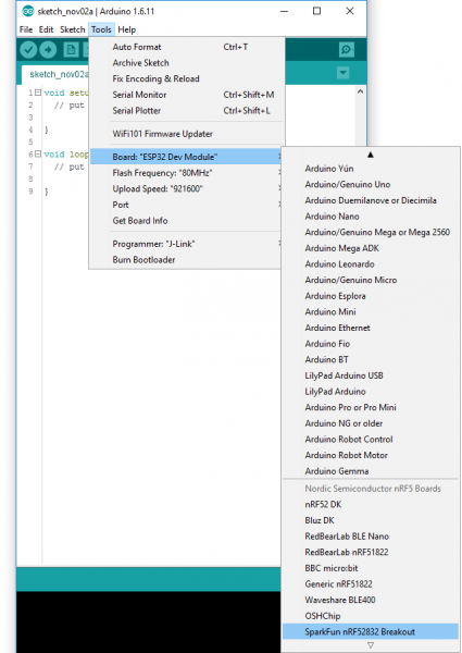 SparkFun nRF52832 Breakout Arduino Board selection
