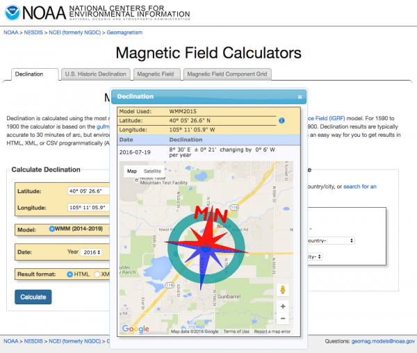 Magnetic declination of SparkFun Electronics Colorado office